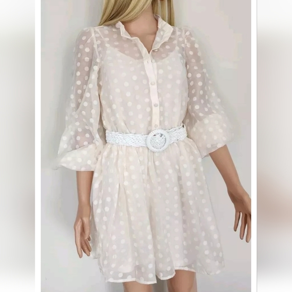 H&M HM POLKA DOT SHEER LIGHT BEIGE LONG SLEEVES SHORT BABYDOLL DRESS XS - Picture 5 of 11
